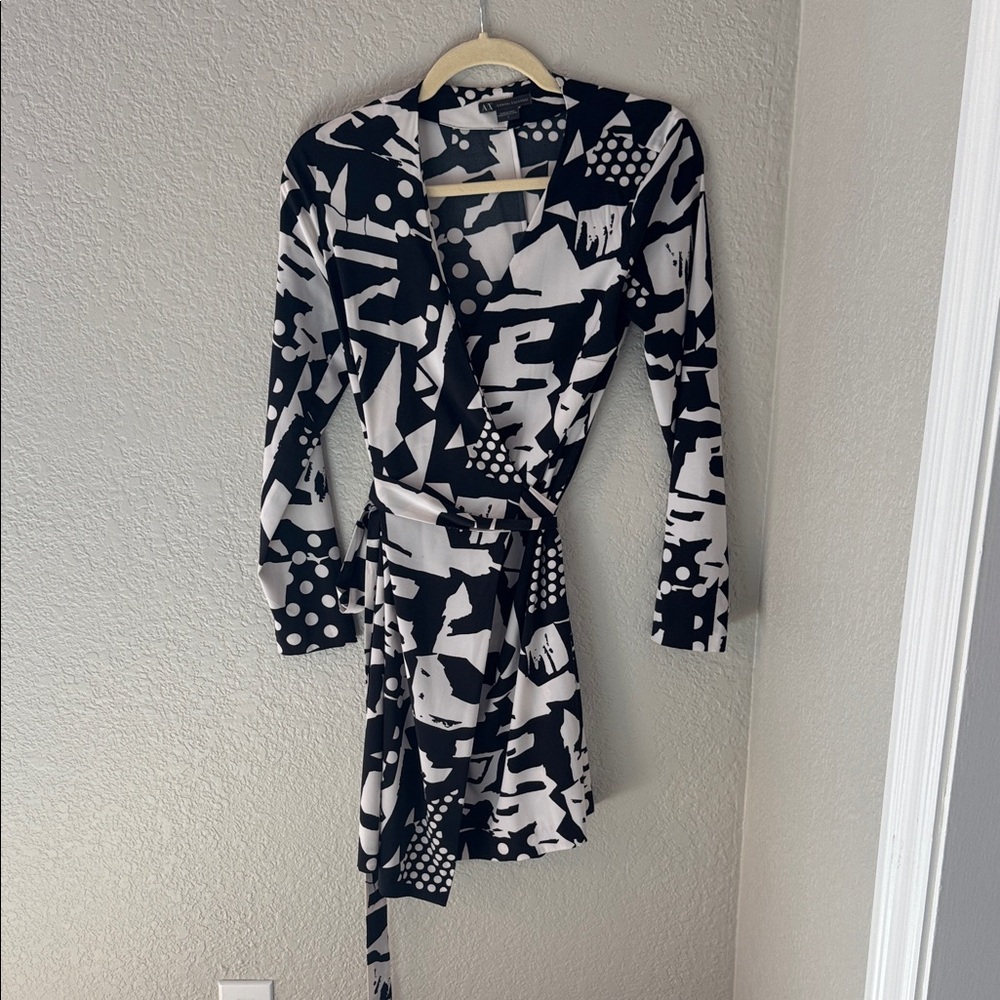 Armani Exchange Monochrome Geometric Long Sleeve Dress - Wrap dress with tie!
